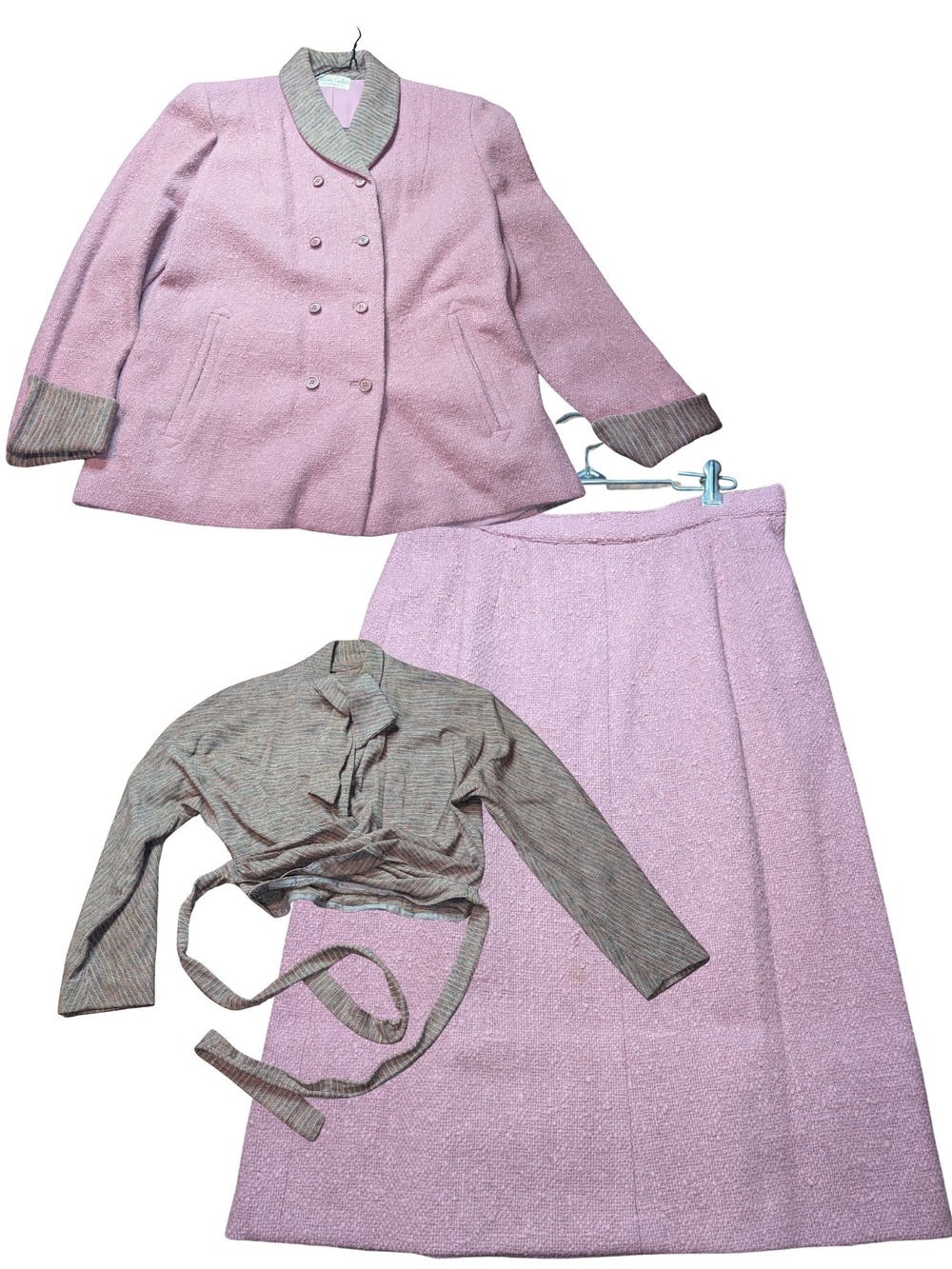 Vtg 50's Wool Women's Pink Bouclé Blazer, Top & Skirt Set with Contrast Trim